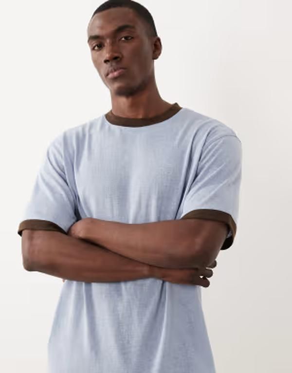 エイソス メンズ トップス Tシャツ コントラスト リネン ASOS DESIGN relaxed Tshirt with contrast ringer linen look BLUE BLIZZARD ブルー