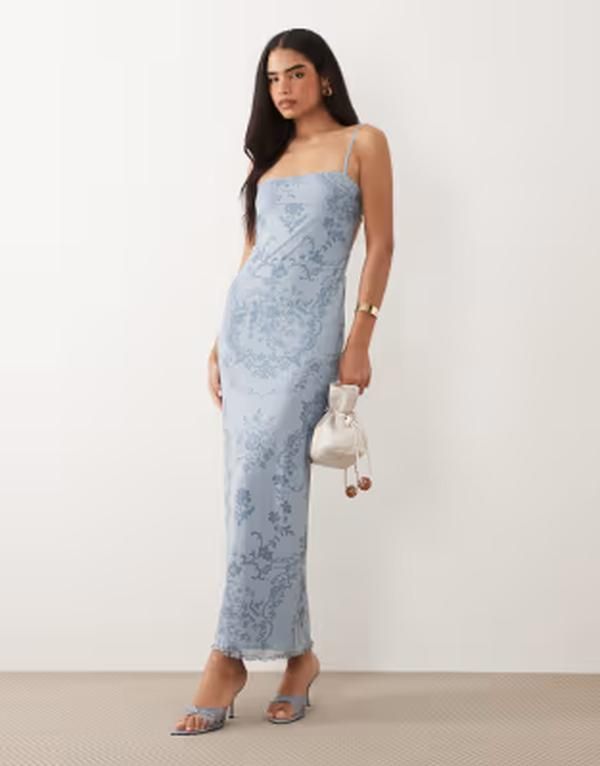 エイソス レディース トップス ワンピース メッシュ マキシ ASOS DESIGN mesh cami maxi dress BLUE ブルー