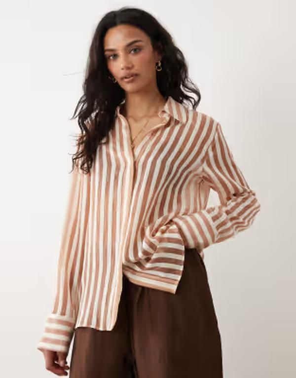 マンゴ レディース トップス シャツ シアー Mango sheer oversized shirt and white stripes BROWN ブラウン