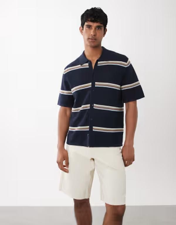 ジャック アンド ジョーンズ メンズ トップス ポロシャツ ボタンダウン ニット Jack Jones button down knit shirt with multi stripesky captain ネイビー