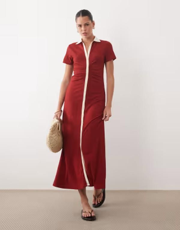 エイソス レディース トップス ワンピース ミディ コントラスト キャップ ASOS DESIGN button front cap sleeve midi dress with contrastipping in burnt Red レッド