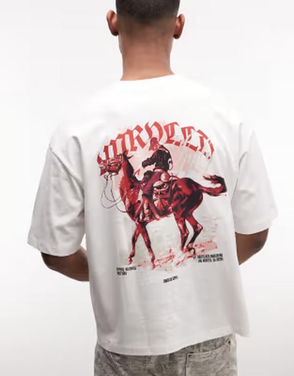 エイソス メンズ トップス Tシャツ グラフィック ASOS DESIGN boxy oversized tshirt with cowboy graphic in cream Coconut milk クリーム
