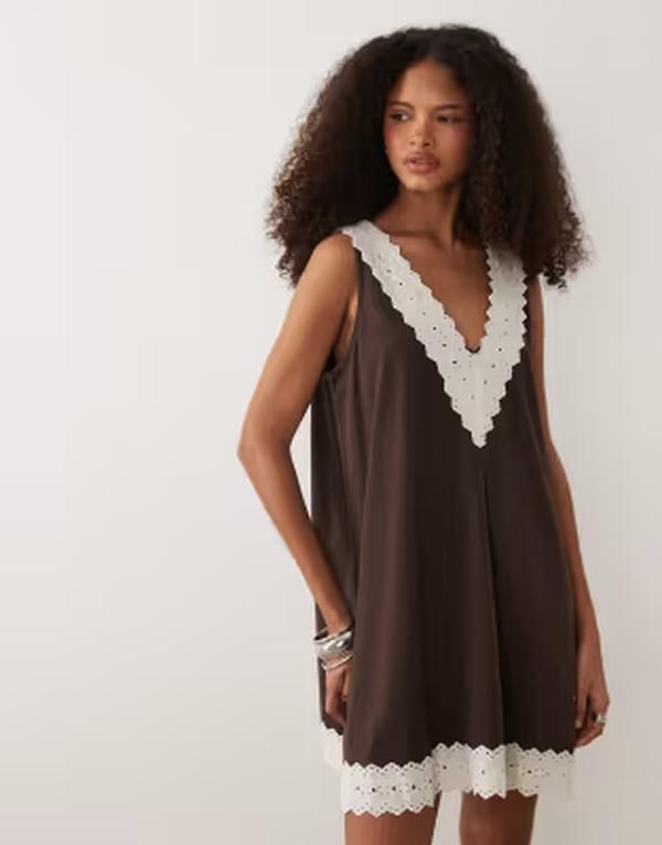 エイソス レディース トップス ワンピース A ライン レーストリム ミニ レース ASOS DESIGN aline mini dress with lace trim BROWN ブラウン