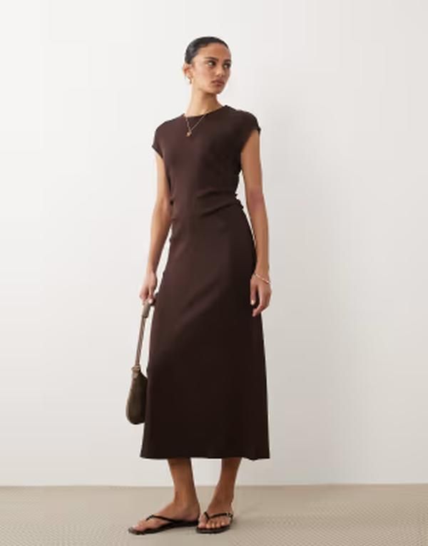 マンゴ レディース トップス ワンピース ギャザー ミディ キャップ Mango cap sleeve midi dress with ruched waist BROWN ブラウン