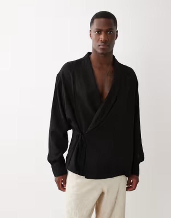 エイソス メンズ トップス シャツ リネン ASOS DESIGN linen look oversized wrap tie shirt Black ブラック