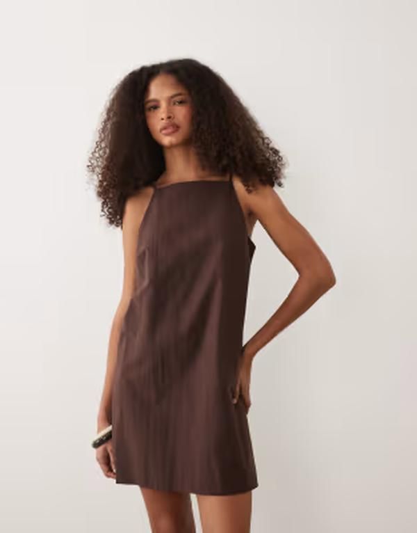 エイソス レディース トップス ワンピース ミニ リネン ASOS DESIGN mini shift linen blendress in chocolate Brown ブラウン