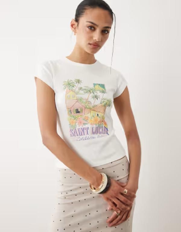ミスセルフフリッジ レディース トップス シャツ プリント Misselfridge baby tee with Saint Lucia print in cream クリーム
