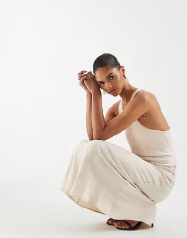 エイソス レディース トップス ワンピース サテン マキシ ASOS DESIGN satin racer neck maxi dress with slit IVORY アイボリー