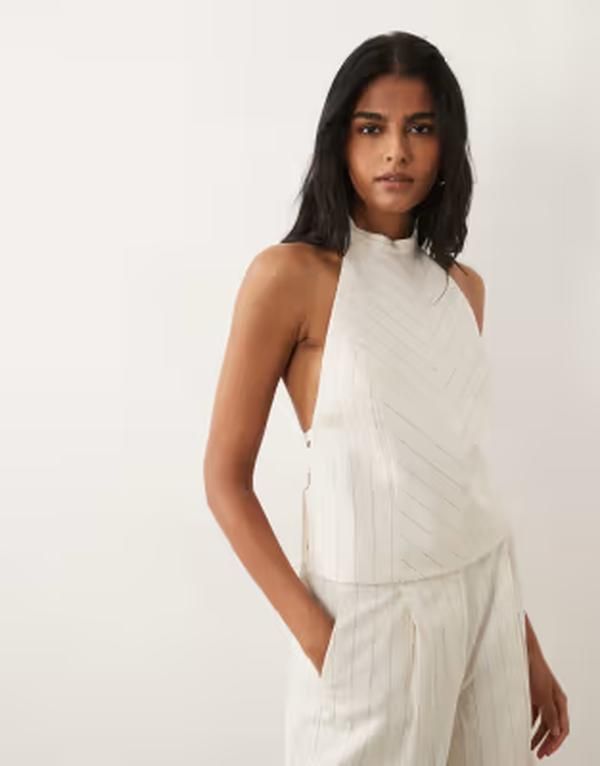 マンゴ レディース トップス シャツ ホルター Mango Argelia halterneck top in cream stripe part of a set BEIGE ベージュ