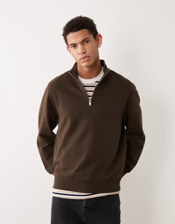 マンゴ メンズ アウター パーカー・スウェット ハーフジップ シャツ Mango quarter zip sweatshirt in chocolate BROWN ブラウン