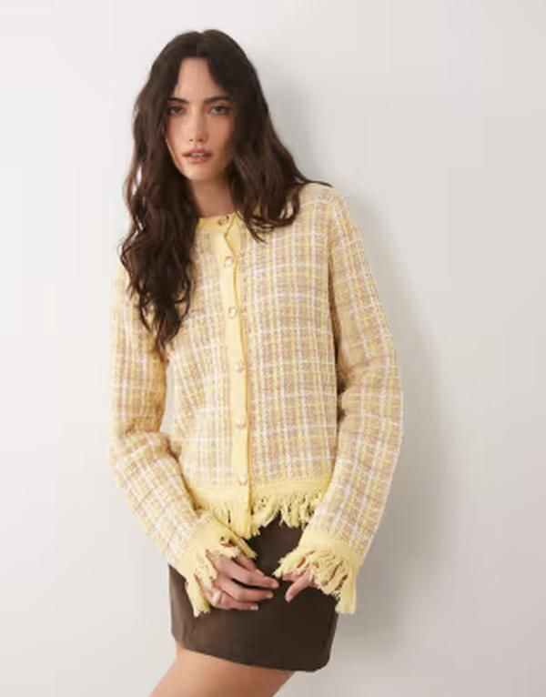 エイソス レディース アウター カーディガン ツイード ニット ASOS DESIGN knitweed cardigan in buttermilk yellow RED レッド