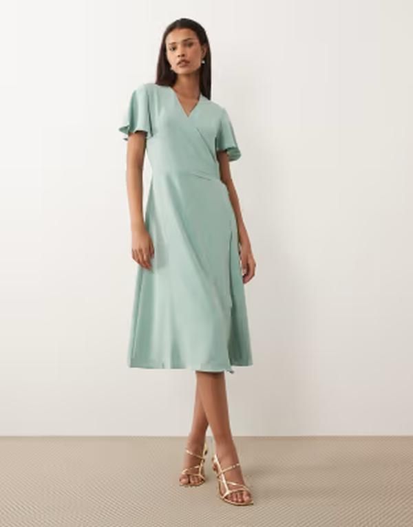 ヴィラ レディース トップス ワンピース ミディ VILA short sleeve wrap front midi dress in sage Blue surf ブルー
