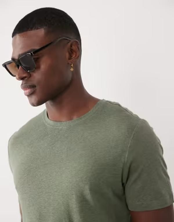 マンゴ メンズ トップス Tシャツ スリムフィット リネン Mango linen mix slim fitshirt in olive GREEN グリーン