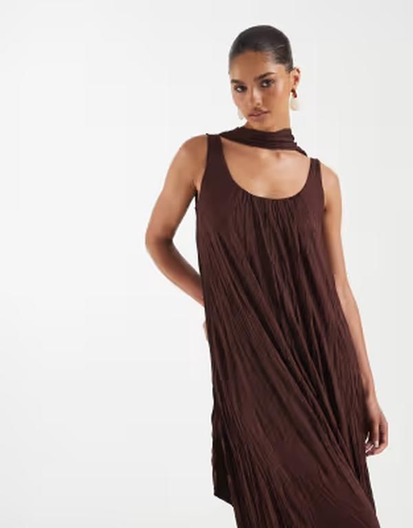 エイソス レディース トップス ワンピース マキシ ASOS DESIGN crinkle scoop neck maxi dress with scarf detail in chocolate チョコレート