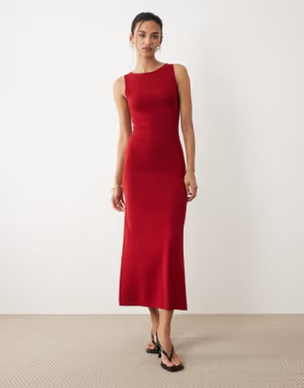 マンゴ レディース トップス ワンピース ミディ ノースリーブ Mango boat neck sleeveless midi dress RED レッド