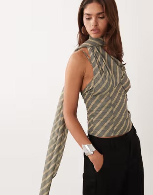 エイソス レディース トップス シャツ シフォン ASOS DESIGN stretchiffon scarf wrap top in stripestripe ストライプ
