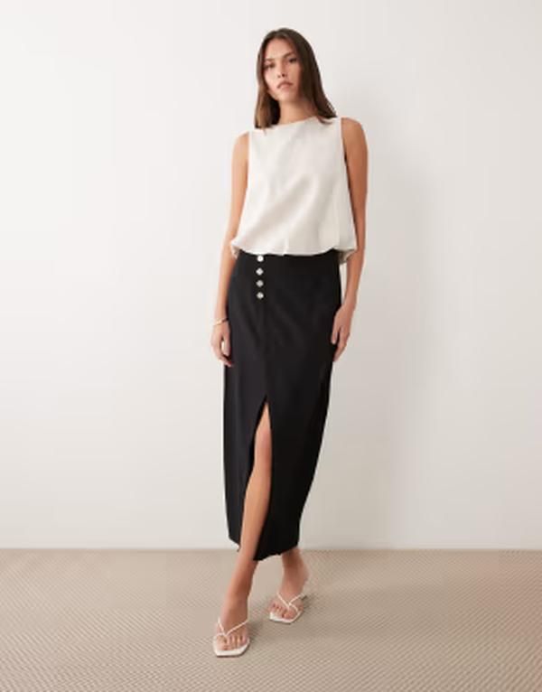 ヴィラ レディース ボトムスカート ミディ リネン VILA linen touch button front midi skirt Black beauty ブラック