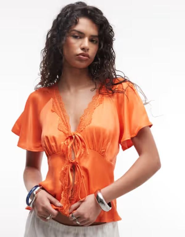 リクレイム ヴィンテージ レディース トップス シャツ レーストリム レース Reclaimed Vintage tie frontop with lace trim in orange オレンジ