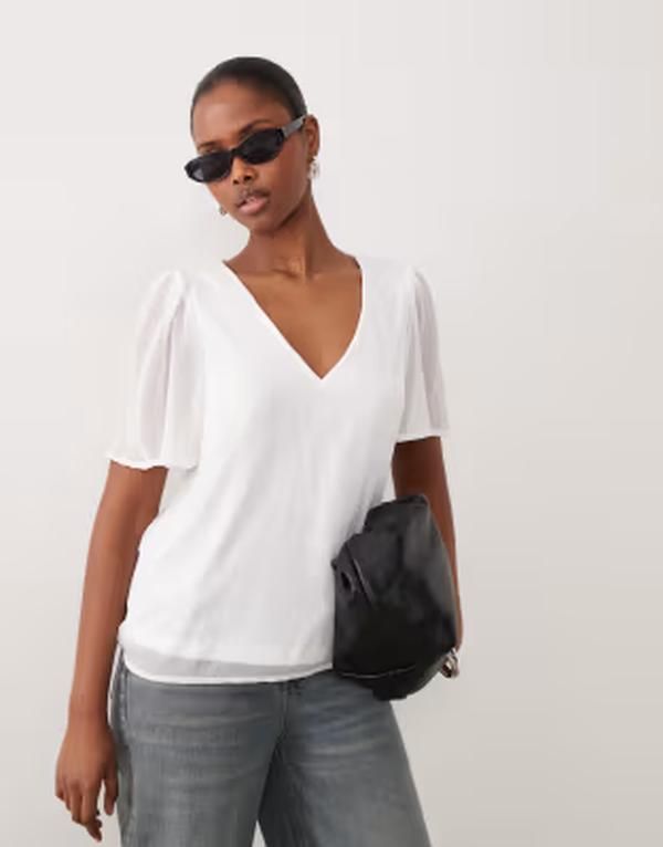ヴィラ レディース トップス シャツ シフォン ブラウス VILA flutter sleeve chiffon blouse Snowhite ホワイト
