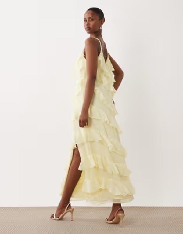 ヴィラ レディース トップス ワンピース フリル マキシ VILA ruffled cami maxi dress with leg slit in pastel yellow Pastel Yellow イエロー