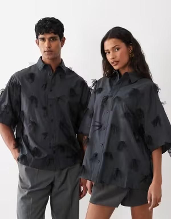 シスタージュン レディース トップス シャツ メッシュ コットン Sister Jane Nilsson Unisex cotton mesh bow detail boxy short sleeve shirt Black ブラック