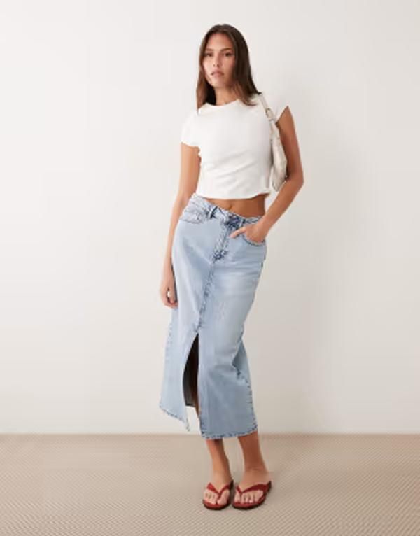 ヴィラ レディース ボトムスカート ミディ デニム VILA high waistedenim front split midi skirt in light Blue Denim デニム