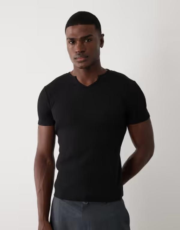 エイソス メンズ トップス Tシャツ リブ ASOS DESIGN muscle fit ribbed Tshirt with notch neck Black ブラック