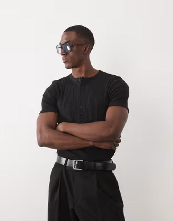 エイソス メンズ トップス Tシャツ ヘンリーネック ASOS DESIGN muscle fitshirt withenley neck smart riblack ブラック