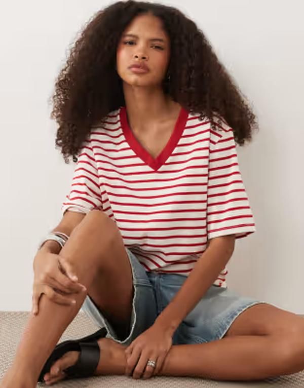 エイソス レディース トップス Tシャツ Vネック ASOS DESIGN oversized Vneck striped Tshirt Red stripe レッド 9,735円