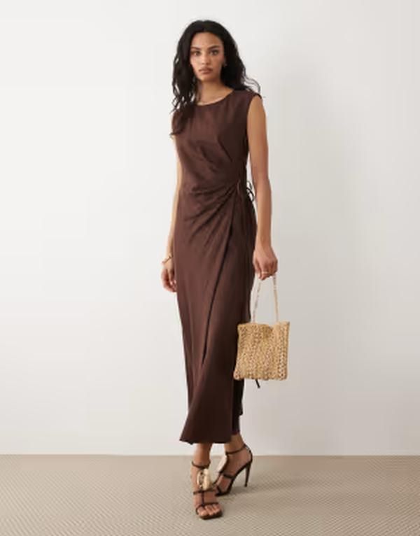 マンゴ レディース トップス ワンピース ミディ ノースリーブ リネン Mango linen mix tie waist sleeveless midi dress BROWN ブラウン