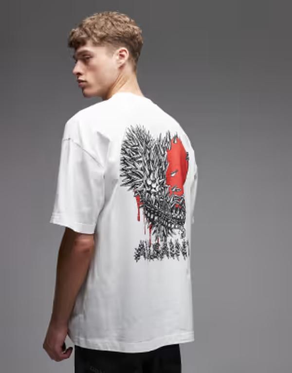 オールセインツ メンズ トップス Tシャツ プリント ロゴ グラフィック AllSaints Chaste graphic heart logo Tshirt with back print WHITE ホワイト