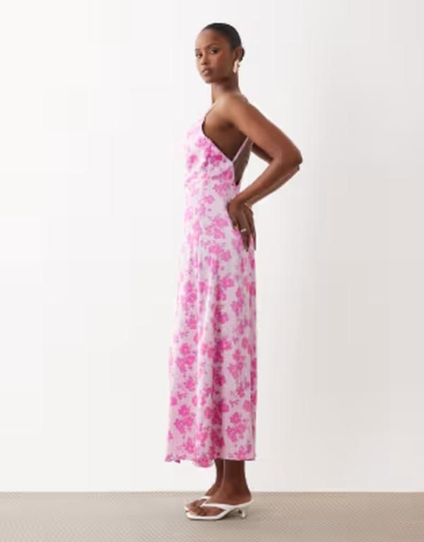 ヴィラ レディース トップス ワンピース フラワー柄 プリント サテン マキシ フラワー VILA satin cowl neck maxi dress in pale pink delicate floral print Winsome orchid ピンク