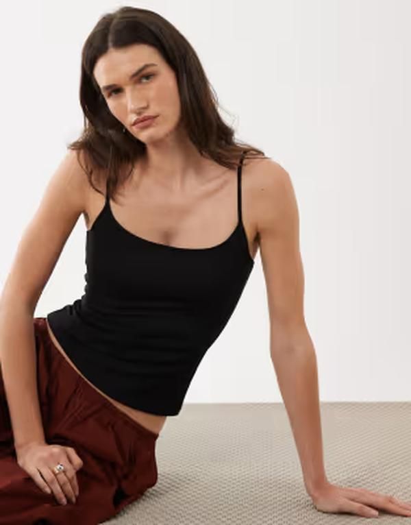 マンゴ レディース トップス シャツ Mango strappy cami top Black ブラック