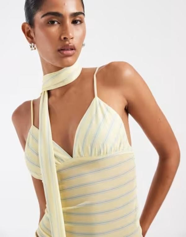 ハウスオブサニー レディース トップス シャツ メッシュ House of Sunny mesh cami top with scarf in yellow and blue stripes part of a set YELLOW イエロー