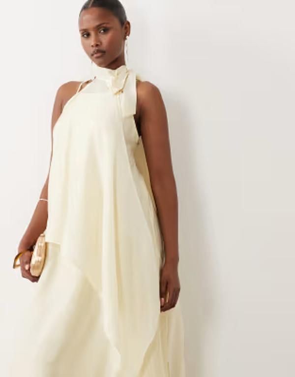 ヴェロモーダ レディース トップス ワンピース シフォン マキシ ホルター Vero moda layered chiffon halter maxi dress in pale yellow Flan イエロー