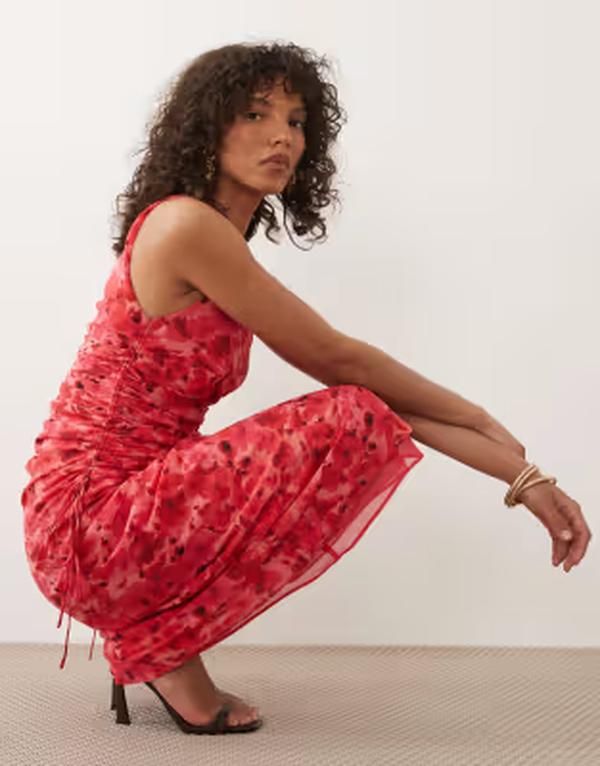 マンゴ レディース トップス ワンピース フラワー柄 プリント マキシ フラワー Mangone shoulder maxi dress with ruching detail floral print RED レッド