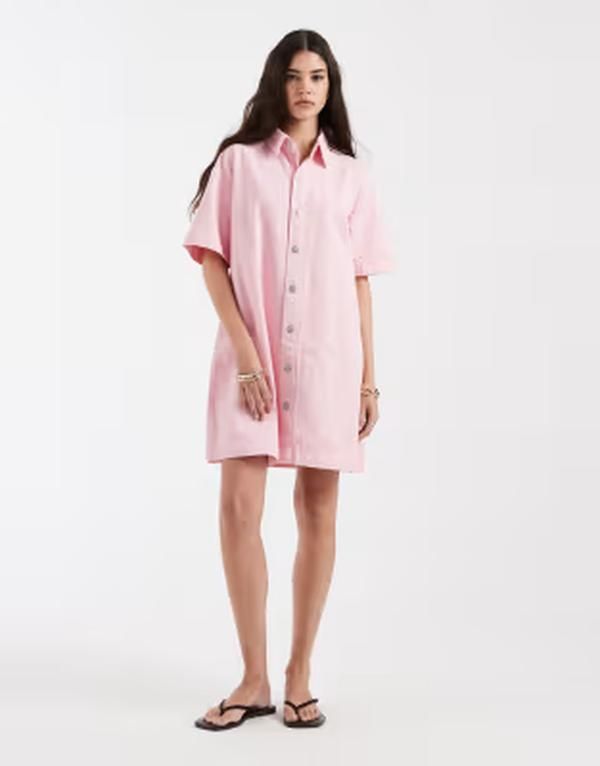 ピーシーズ レディース トップス ワンピース ミニ シャツ デニム PIECES denimini shirt dress in light Roseate spoonbill デニム