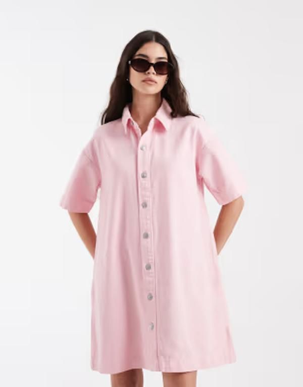 ピーシーズ レディース トップス ワンピース ミニ シャツ デニム PIECES denimini shirt dress in light Roseate spoonbill デニム