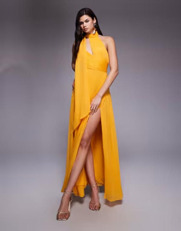 エイソス レディース トップス ワンピースカート マキシ ホルター ASOS DESIGN halter neck gathered full skirt maxi dress with scarf in orange オレンジ