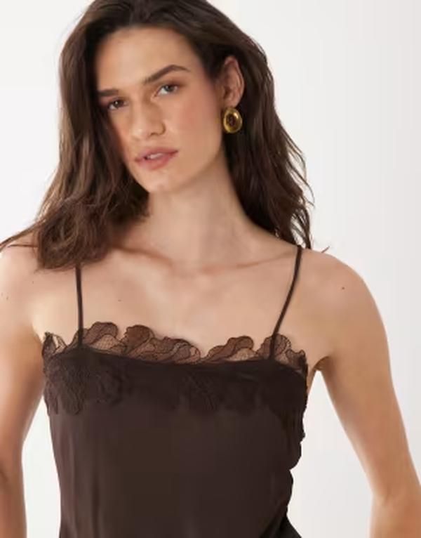 マンゴ レディース トップス シャツ レーストリム レース Mango strappy cami top with lace trim BROWN ブラウン