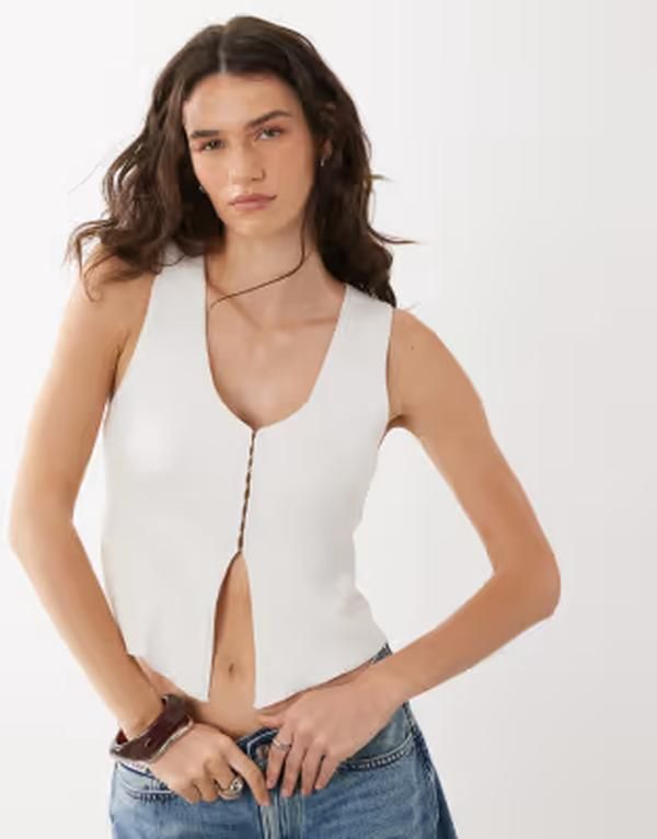 マンゴ レディース トップス ベスト Tシャツ ニット Mango Teen clasp front knitank top WHITE ホワイト