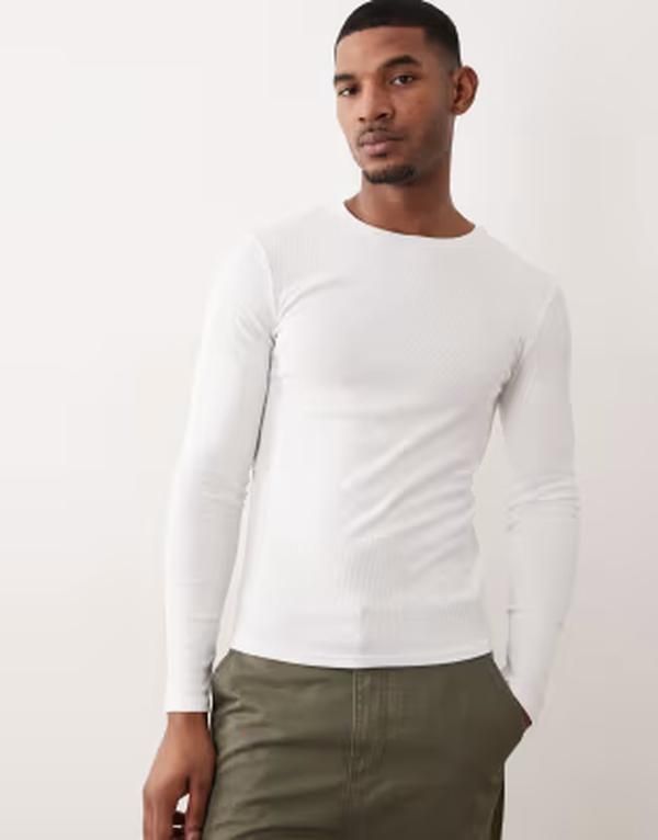 エイソス メンズ トップス Tシャツ ASOS DESIGN essentials muscle fit long sleeve Tshirt rib WHITE ホワイト