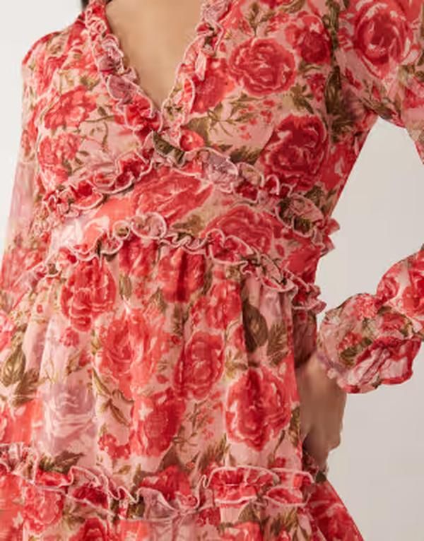 ヴィラ レディース トップス ワンピース シフォン プリント ミニ VILA chiffon frill detail mini dress rose print Birch RED ROSE レッド ヴィラ レディース トップス ワンピース シフォン プリント ミニ VILA chiffon frill detail mini dress rose print Birch RED ROSE レッド