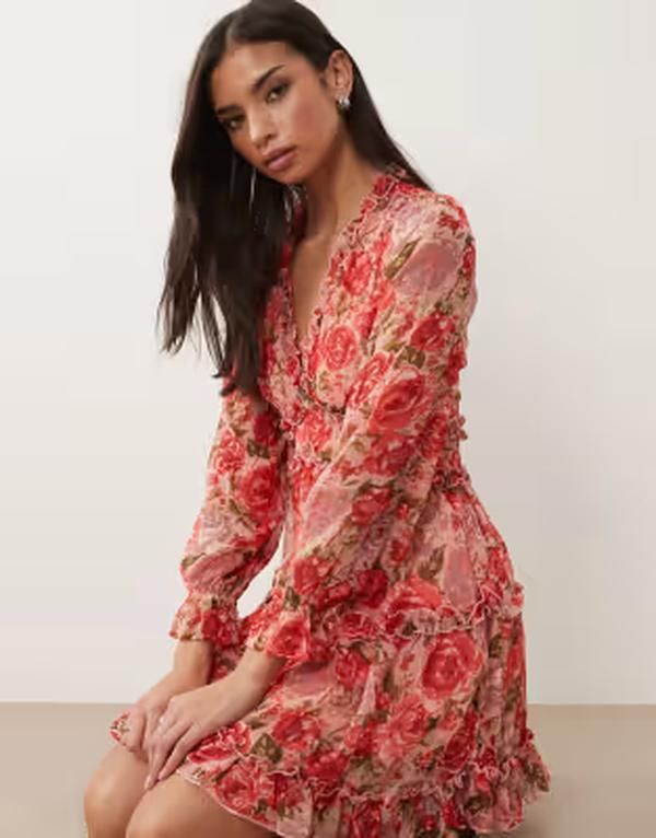 ヴィラ レディース トップス ワンピース シフォン プリント ミニ VILA chiffon frill detail mini dress rose print Birch RED ROSE レッド ヴィラ レディース トップス ワンピース シフォン プリント ミニ VILA chiffon frill detail mini dress rose print Birch RED ROSE レッド