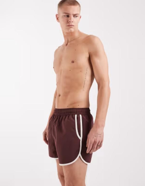 エイソス メンズ 水着 ハーフパンツ・ショーツ ショートパンツ コントラスト ASOS DESIGN swim shorts in short length with contrast binding BROWN ブラウン