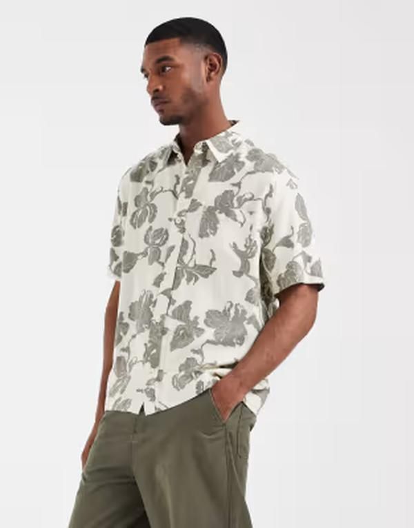 エイソス メンズ トップス シャツ フラワー柄 プリント リネン フラワー ASOS DESIGN relaxed linen blend shirt with floral print in cream クリーム