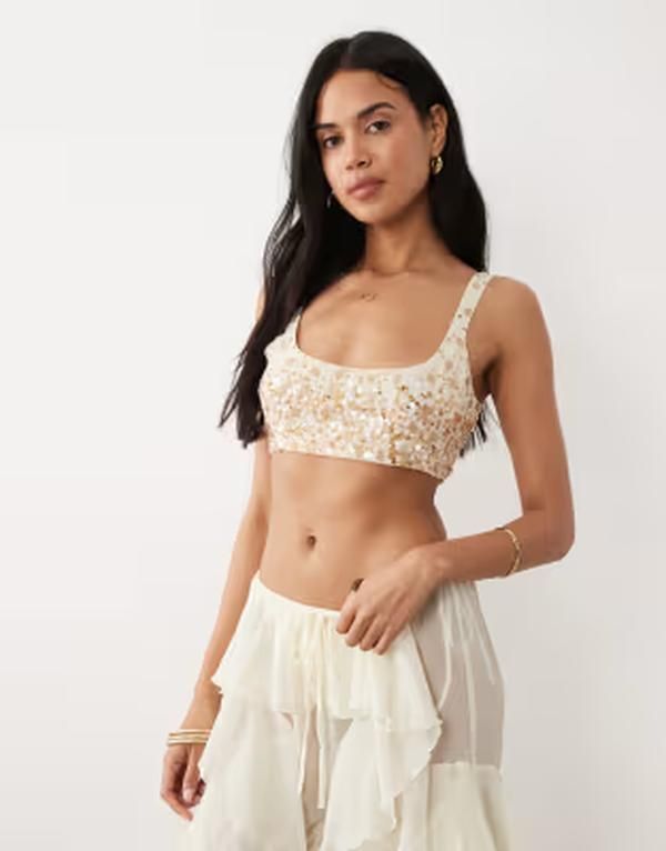 ミスセルフフリッジ レディース トップス シャツ スパンコール Misselfridge premium sequined beach bra top in cream and CREAM クリーム