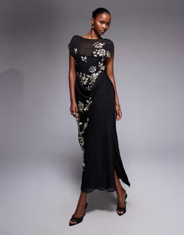 エイソス レディース トップス ワンピース アシンメトリー フラワー柄 マキシ フラワー ASOS DESIGN asymmetric sleeve maxi dress with floral embellishment in mono