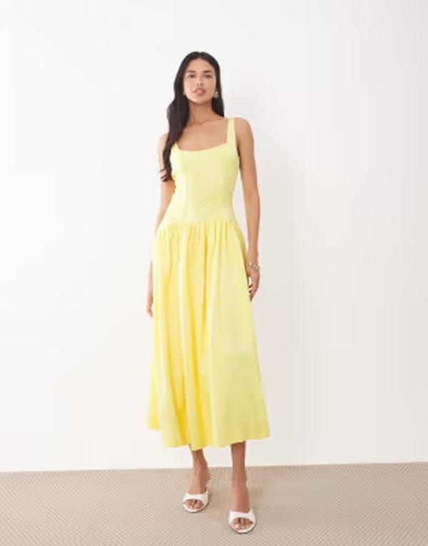 レア レディース トップス ワンピース サテン Rare London satin jacquard structured scoop back midaxi dress in lemon yellow Buttermilk イエロー 31,070円