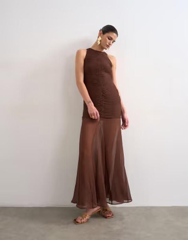 トップショップ レディース トップス ワンピース ハイネック プリーツ サテン マキシ Topshop satin high neck pleatedropped waist maxi dress in chocolate チョコレート